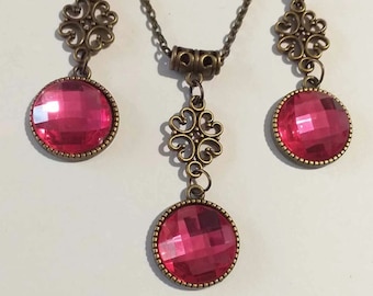 conjunto de joias de bronze rosa fúcsia conjunto vitoriano magenta rosa conjunto de colar brincos conjunto de joias Boho conjunto de joias de cristal falso vintage rosa presente para ela