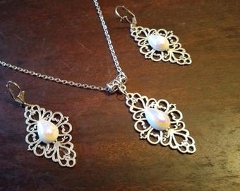 Victorian Perle Silber Schmuck-Set Silber-Set Halskette Ohrringe Hochzeit Schmuck-Set Victorian Schmuck Boho-Set Braut Perlen Geschenk-Set