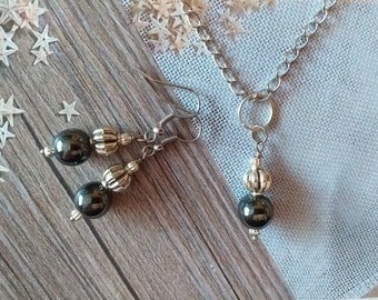 Hematite Victorian silver jewelry set Boho jewelry set bohemian set Antique earrings and necklace hematite vintage style jewelry gift set