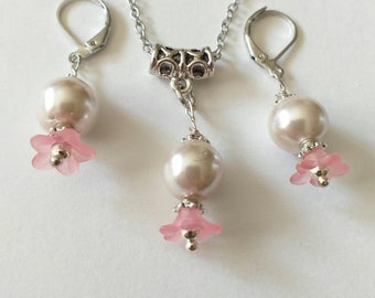 Victorian rose pearl silver jewelry set bohemian jewelry set earrings necklace Boho set rose pearl pink flower set bridal jewelry set gift