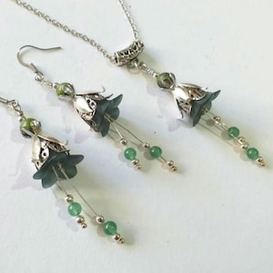 Green Jade Victorian Silver flower jewelry set green flower set necklace earrings Green Jade Zoisite with Ruby jewelry set Boho Silver set
