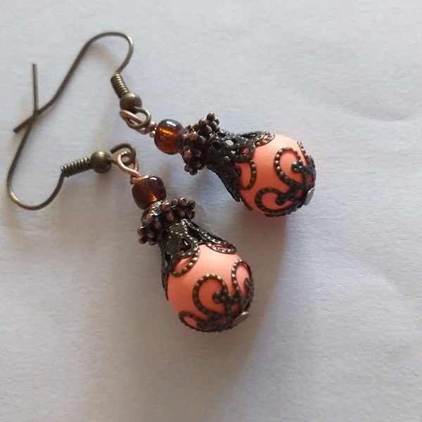 Victorian earrings coral copper Earrings Boho Earrings Bohemian copper bronze coral tone earrings Filigree earrings vintage style earrings