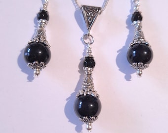 Silber Schmuck-Set Schwarz Set Halskette Ohrringe Viktorianischen Schmuck Boho-Set Silber Anhänger-Set Vintage-Stil Schmuckset