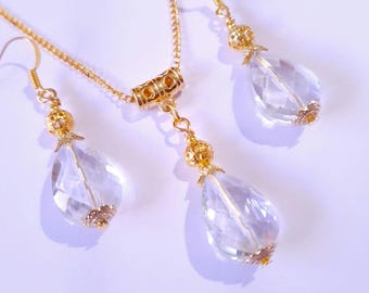 Clear Crystal gold jewelry set necklace earrings Boho jewelry set Gold set wedding jewelry set Crystal teardrop set Bridal jewelry set gift