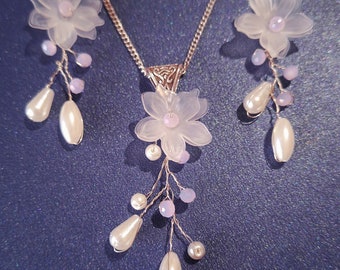 Wedding pearl white flower jewelry set silver earrings necklace boho jewelry set wedding jewelry bride jewelry white pink crystal pearl gift
