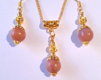 Gouden perzik opaal sieraden set Victoriaanse set ketting en oorbellen Boho sieraden set Boho opaal oorbellen opaal ketting opaal sieraden bloem