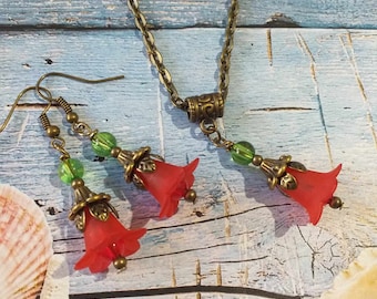 rote Blume Schmuck-Set Bronze Schmuckset Viktorianische Blume Halskette rote Blume Ohrringe viktorianischen Schmuckset Boho-Set Bronze-Set Vintage-Set