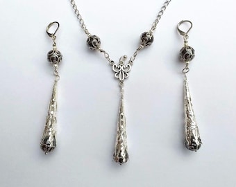 Hematite Victorian jewelry set silver jewelry set filigree set bohemian set  hematite earrings hematite necklace hematite jewelry silver set