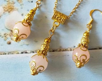 Rose quartz gold jewelry set Victorian set necklace and earrings Boho jewelry set Rose quartz earrings necklace Rose quartz jewelry gift set