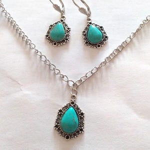 Turquoise silver Victorian jewelry set necklace earrings Boho earrings Silver turquoise pendant set turquoise necklace turquoise earrings image 4