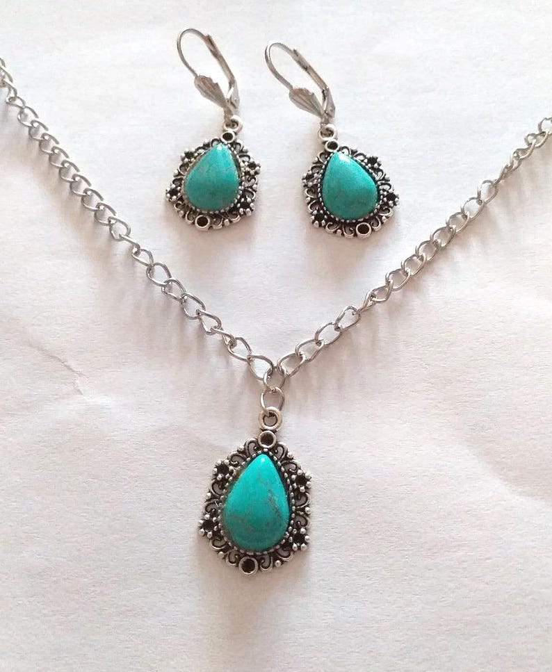 Turquoise silver Victorian jewelry set necklace earrings Boho earrings Silver turquoise pendant set turquoise necklace turquoise earrings image 4