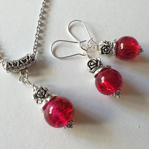 Silber Schmuck-Set Rubin rotes Schmuck-Set Halskette Ohrringe Viktorianisches Schmuck-Set Boho Silber Rose-Set Vintage-Stil Schmuck-Set