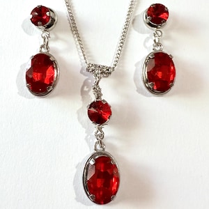Victorian Rubin rot Silber Schmuck-Set Rubin rot Halskette Ohrringe Victorian Schmuck-Set Boho-Set Vintage Style Set Rotes ovales Schmuck-Set