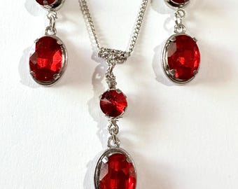 Victorian Ruby red Silver jewelry set Ruby red set necklace earrings Victorian jewelry set Boho set Vintage style set Red oval jewelry set