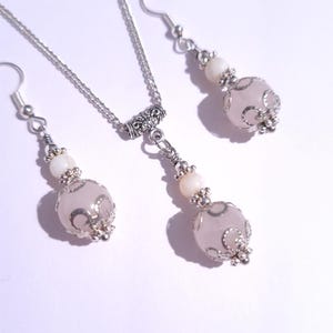 Silver pearl Rose quartz jewelry set Victorian set necklace earrings Boho set Bohemian Wedding jewelry set Vintage Mother of pearl jewelry