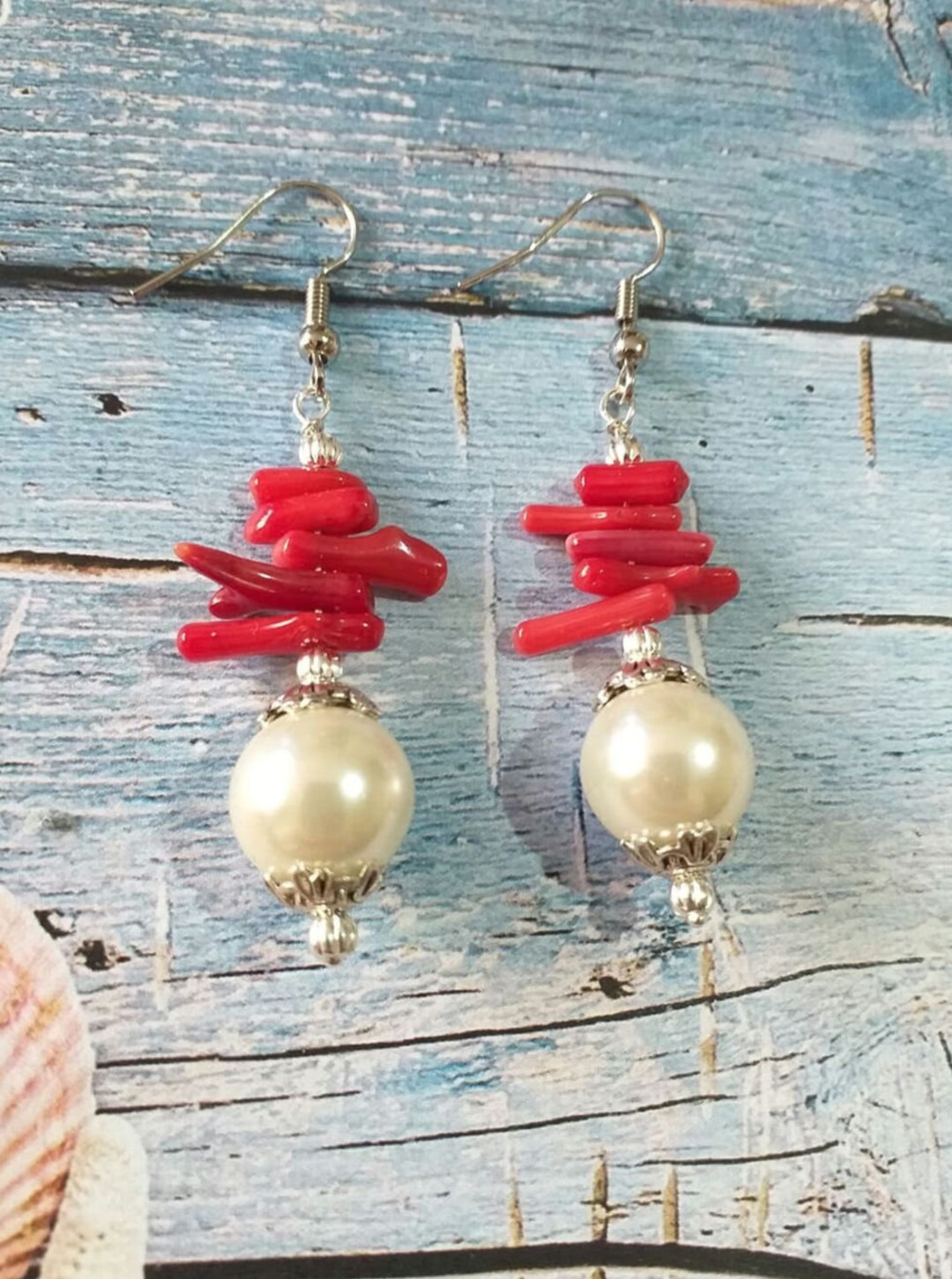 Grande Boucle D'oreille Vintage Bohème, Bronze, Perles Et Corail