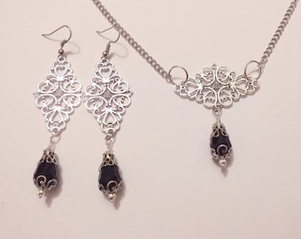 Silver Black Crystal jewelry set necklace earrings Victorian jewelry set Bohemian set Silver black Gothic set Vintage set Black jewelry set