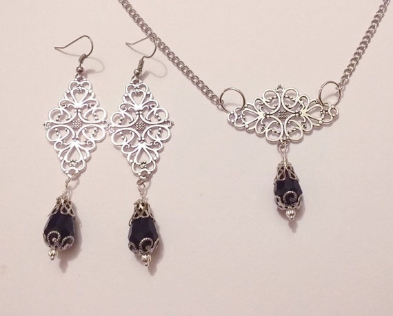Medieval Times Necklace & Earrings Jewelry Black Crystal Silver Tone Gift Set Silver Black Crystal Jewelry Set Necklace Earrings Victorian  main image 3