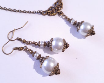 Victorian pearl bronze jewelry set bohemian jewelry set earrings necklace Boho set pearl set vintage set antique set bridal jewelry set gift