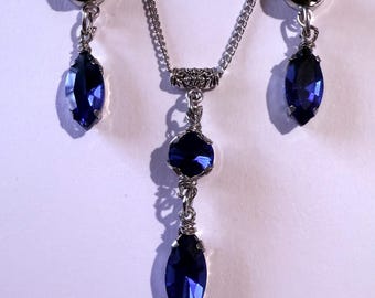 Victoriaans koningsblauw zilveren sieraden set donkerblauwe set ketting oorbellen Victoriaanse sieraden set boho set vintage stijl kobalt sieraden set