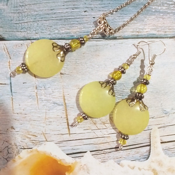 Set di gioielli in giada giallo grande, set in argento vittoriano, orecchini in giada, collana in giada, set Boho, set in argento, set di gioielli boho, regalo per lei