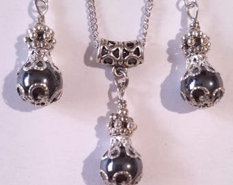 Hematite Victorian silver jewelry set Boho jewelry set bohemian set Antique earrings and necklace hematite vintage style jewelry gift set