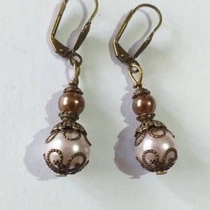 Victorian rose pearl bronze earrings bohemian earrings Boho pearl earrings vintage earrings antique earrings gift earrings wedding earrings