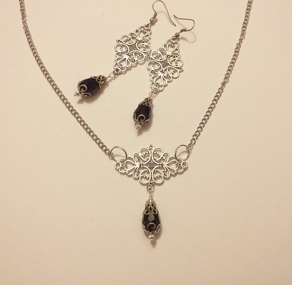 Silver Black Crystal Jewelry Set Necklace Earrings Victorian 