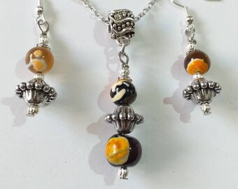 Agate silver Victorian jewelry set yellow set Silver set yellow black agate earrings and necklace Bohemian set Boho set agate jewelry
