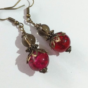 Ruby red Victorian bronze earrings Boho Earrings Bohemian earrings Smoked quartz antique earrings Gothic red earrings gift for her