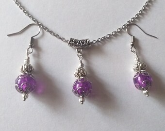 Victorian silver purple jewelry set necklace earrings Silver jewelry set Boho jewelry set Lilac jewelry set Vintage set Antique set Gift set