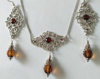 Victorian Brown Silver jewelry set necklace earrings Victorian jewelry set Bohemian set Vintage set filigree set long earrings gift for her