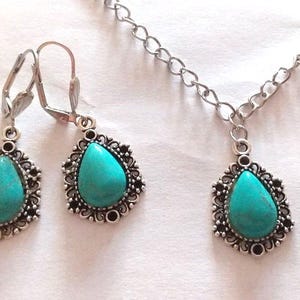 Turquoise silver Victorian jewelry set necklace earrings Boho earrings Silver turquoise pendant set turquoise necklace turquoise earrings image 3