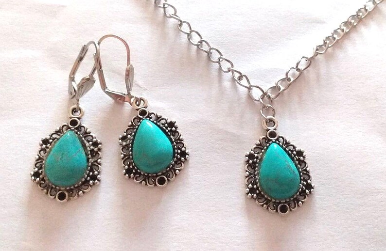 Turquoise silver Victorian jewelry set necklace earrings Boho earrings Silver turquoise pendant set turquoise necklace turquoise earrings image 3