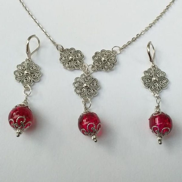 Silver jewelry set Red set Boho set Flower silver set Ruby red set necklace earrings Victorian jewelry set Bohemian set Vintage style set