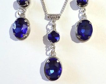 Victoriaans koningsblauw zilveren sieraden set donkerblauwe set ketting oorbellen Victoriaanse sieraden set boho set vintage stijl kobalt sieraden set