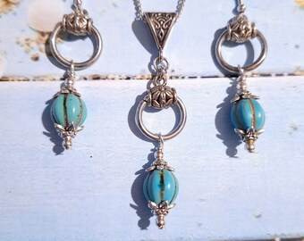 Aro turquesa Joyería de plata conjunto collar pendientes Boho Plata conjunto tallado Turquesa conjunto Pendientes turquesa regalo para sus joyas turquesas