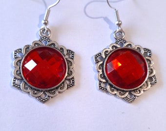 Victorian Ruby red Silver earrings jewelry set Ruby red earrings necklace set Victorian jewelry set Boho earrings Vintage Red jewelry set