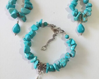 Set 3 Pezzi Gioielli Etnici In Turchese E Argento - Collana E Orecchini A Goccia, Stile Boho
