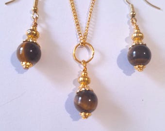 Tiger's eye gold jewelry set necklace earrings Boho jewelry set Bohemian set gold brown set Vintage set Tiger's eye jewelry gift for her
