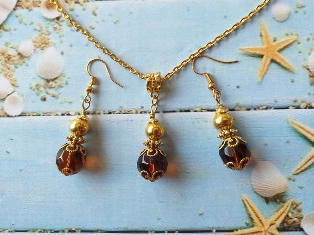 Brown Crystal Gold Set Necklace Earrings Bohemian Jewelry Set Gold Set Antique Set Victorian