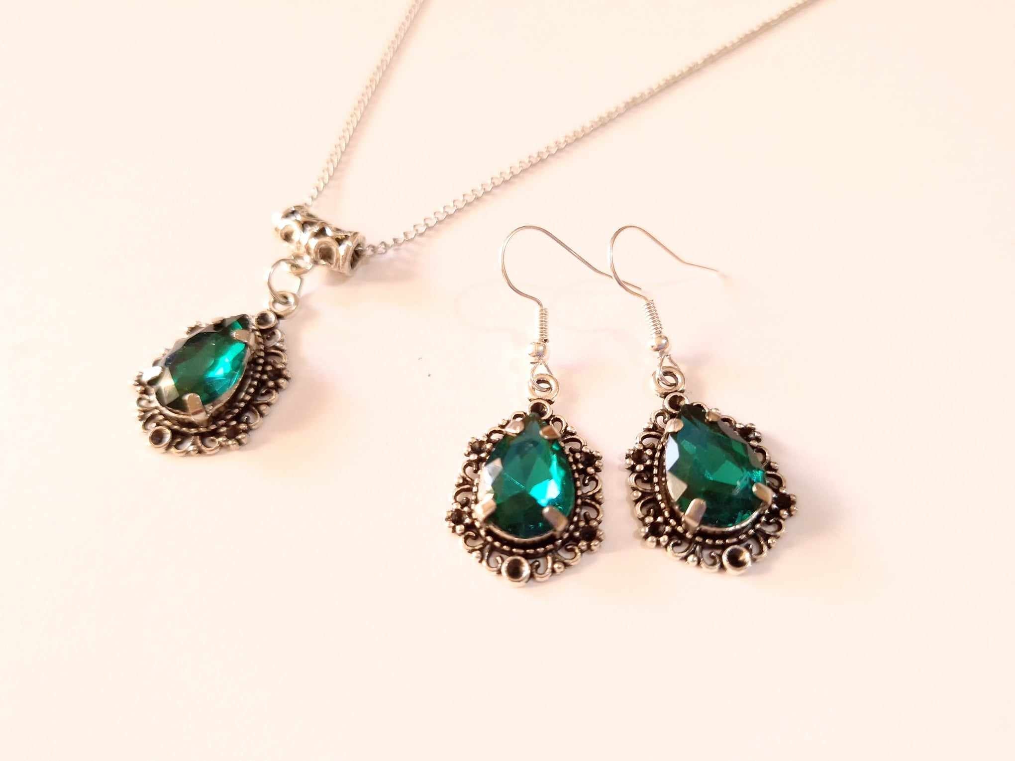 Victorian Emerald Green Silver Jewelry Set Dark Green Set - Etsy