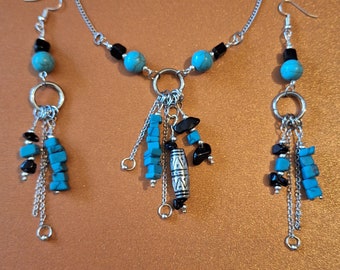 Boho Turquoise Onyx jewelry set necklace earrings Victorian set Bohemian set Turquoise black Onyx jewelry turquoise earrings Onyx jewelry