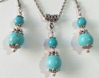 Conjunto de turquesa Conjunto de joyas de plata collar pendientes Conjunto de joyas victorianas Conjunto boho Conjunto de plata Estilo vintage Conjunto de turquesa conjunto de regalo