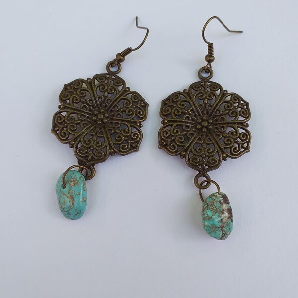 Turquoise earrings Victorian earrings bronze earrings flower earrings Boho Earrings Bohemian earrings Filigree earrings antique earrings