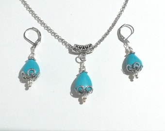 Turquoise set Silver jewelry set necklace earrings Victorian jewelry set Bohemian set Silver pendant set Vintage style Turquoise set gift
