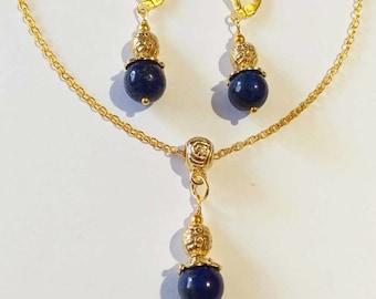 Lapislázuli victoriano oro joyería conjunto collar pendientes azul joyería conjunto Boho oro conjunto antiguo Lazurite Lapislázuli joyería regalo para ella
