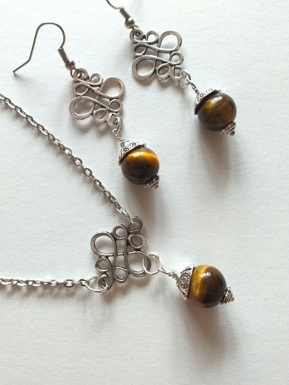 Tiger's eye Silver jewelry set earrings and necklace Victorian jewelry set Boho jewelry set tiger eye jewelry long earrings brown earrings