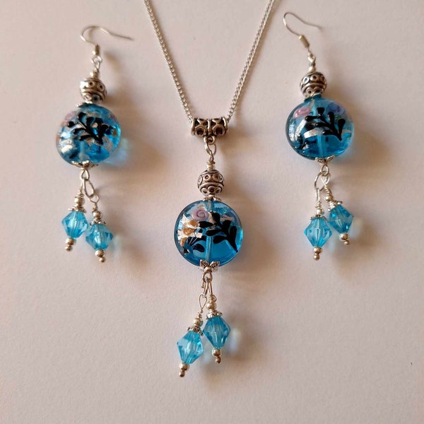 Murano silver blue jewelry set Silver set Boho Murano handmade glass jewelry set earrings necklace flower set unique jewelry set gift set