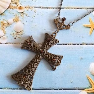 Cross necklace bronze victorian filigree Cross Boho necklace Bohemian antique bronze tone big Cross pendant necklace Baroque style necklace